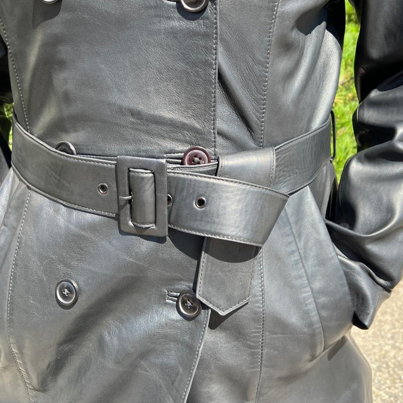Women's Classic Leather Trench Coat. Double-Breasted Button Closure with Adjustable Belt-4