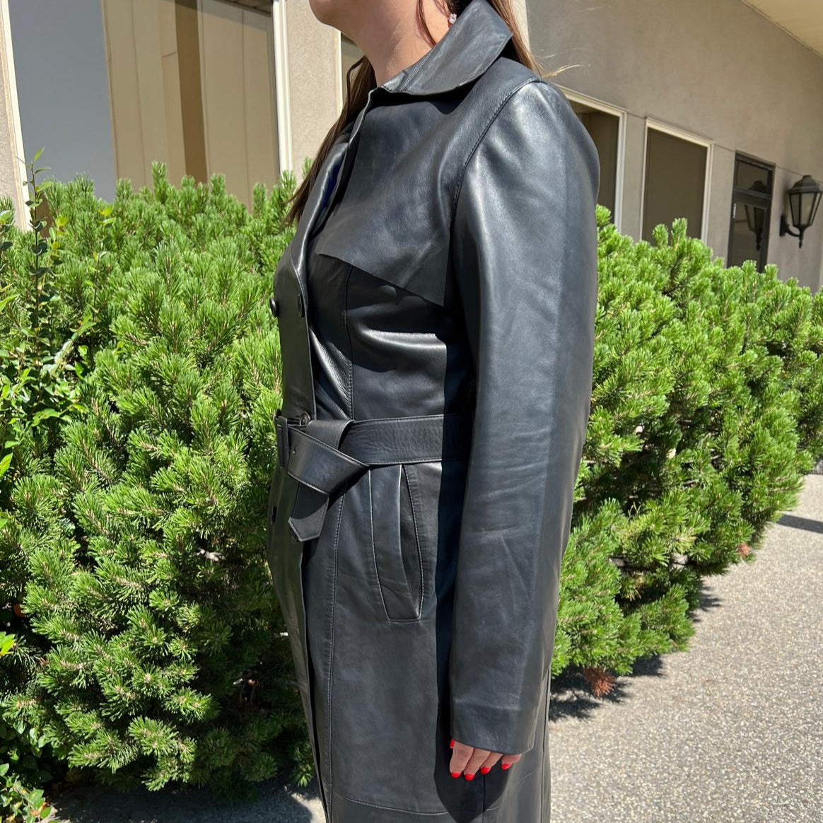 Women's Classic Leather Trench Coat. Double-Breasted Button Closure with Adjustable Belt-5