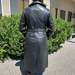 Women's Classic Leather Trench Coat. Double-Breasted Button Closure with Adjustable Belt-2