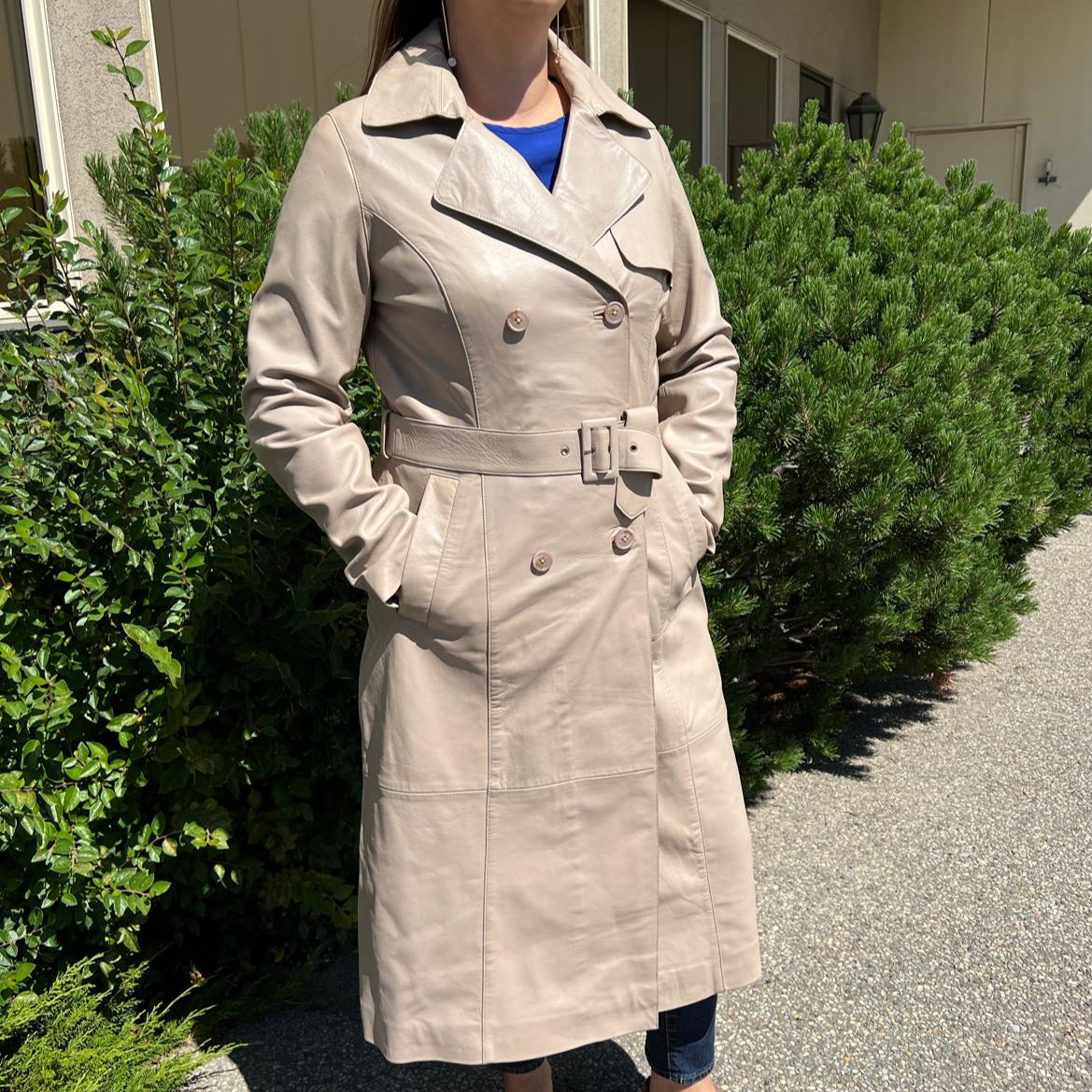 Women's Classic Leather Trench Coat. Double-Breasted Button Closure with Adjustable Belt-7