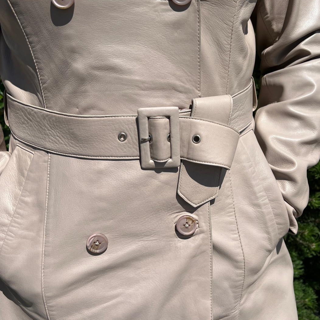 Women's Classic Leather Trench Coat. Double-Breasted Button Closure with Adjustable Belt-10