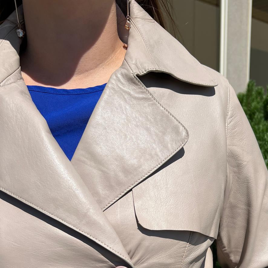 Women's Classic Leather Trench Coat. Double-Breasted Button Closure with Adjustable Belt-9