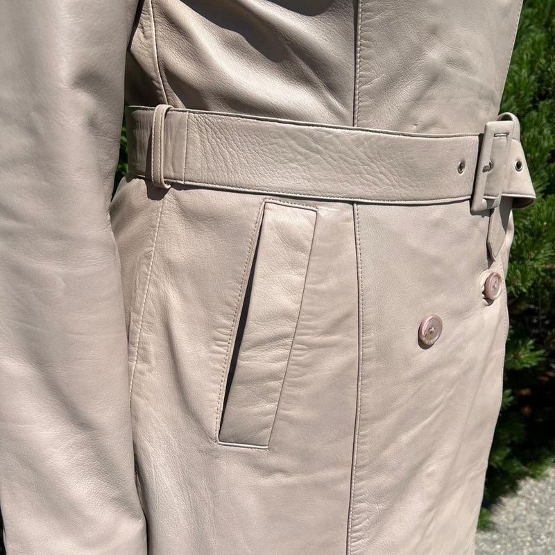 Women's Classic Leather Trench Coat. Double-Breasted Button Closure with Adjustable Belt-11