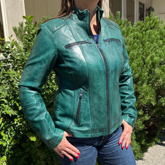 Women's Classic Sheep Leather Jacket. Standing Collar with Studs, 4 Zippered Pockets & Shoulder Accent Stitching-25