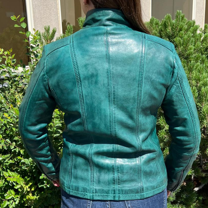 Women's Classic Sheep Leather Jacket. Standing Collar with Studs, 4 Zippered Pockets & Shoulder Accent Stitching-26