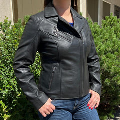Women's Lamb Leather Biker Look Jacket with Asymmetrical Collar and Stitched Shoulders-1