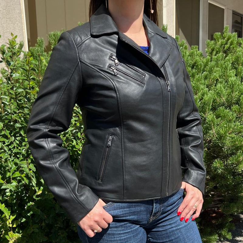 Women's Lamb Leather Biker Look Jacket with Asymmetrical Collar and Stitched Shoulders-1