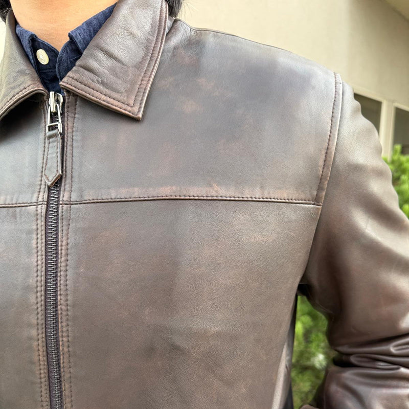 Men's Lamb Leather Jacket. Brown Classic Fit with Full Zip & Side Pockets-3