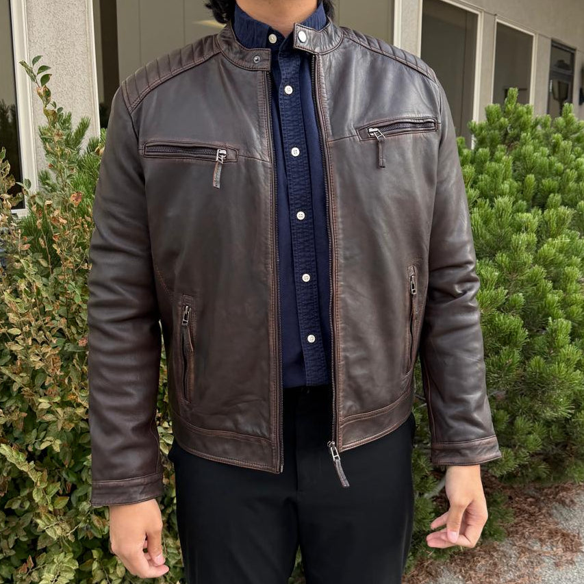 Men's Lamb Leather Jacket. Brown Vintage Style with Zip Pockets-3