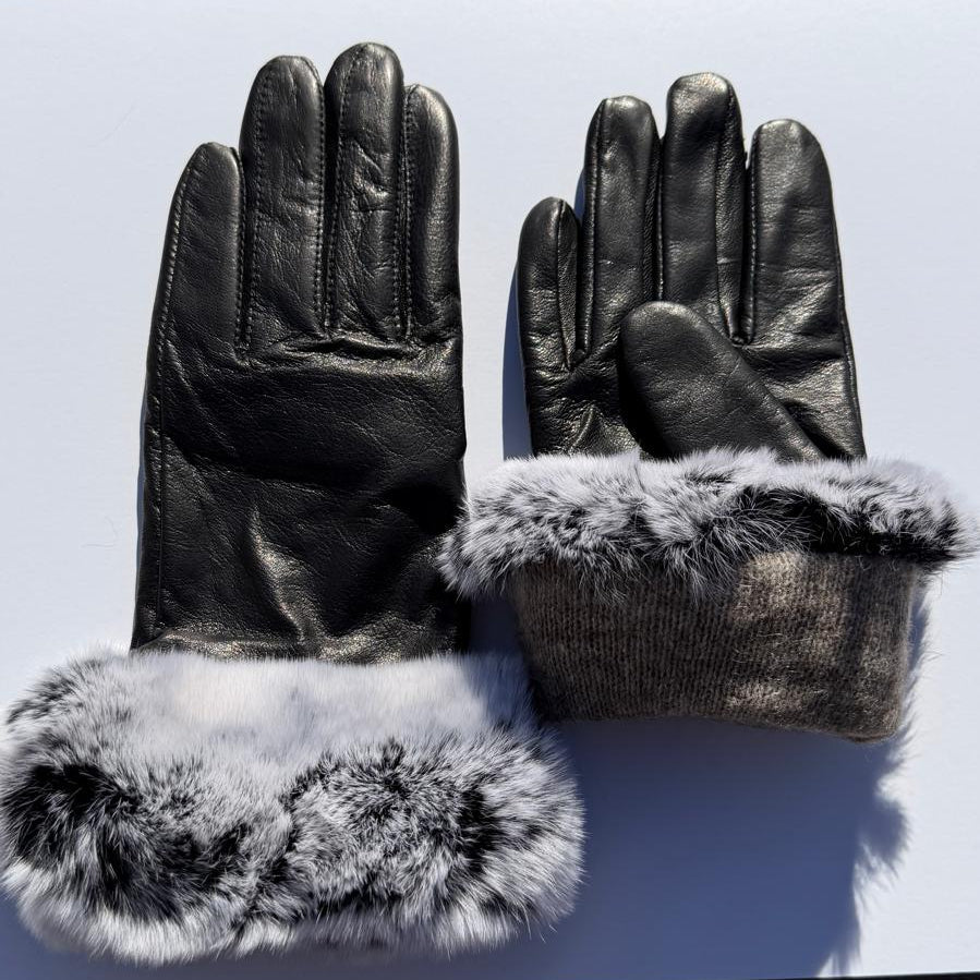 Women's Lamb Leather Gloves with Rabbit Fur Trim-3
