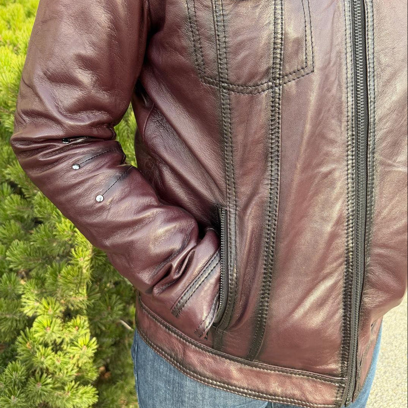 Men's Sheep Leather Jacket with Removable Fur Collar-4