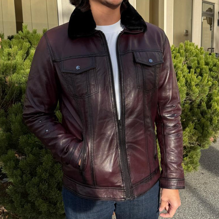 Men's Sheep Leather Jacket with Removable Fur Collar-3