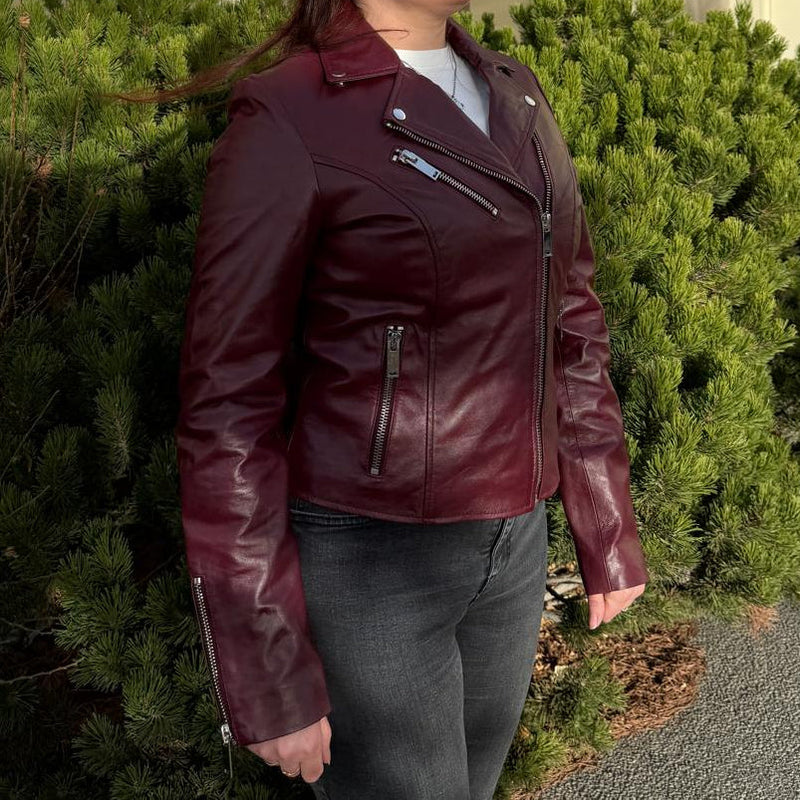 Women's Premium Lamb Leather Moto Jacket with Asymmetrical Zippers-9