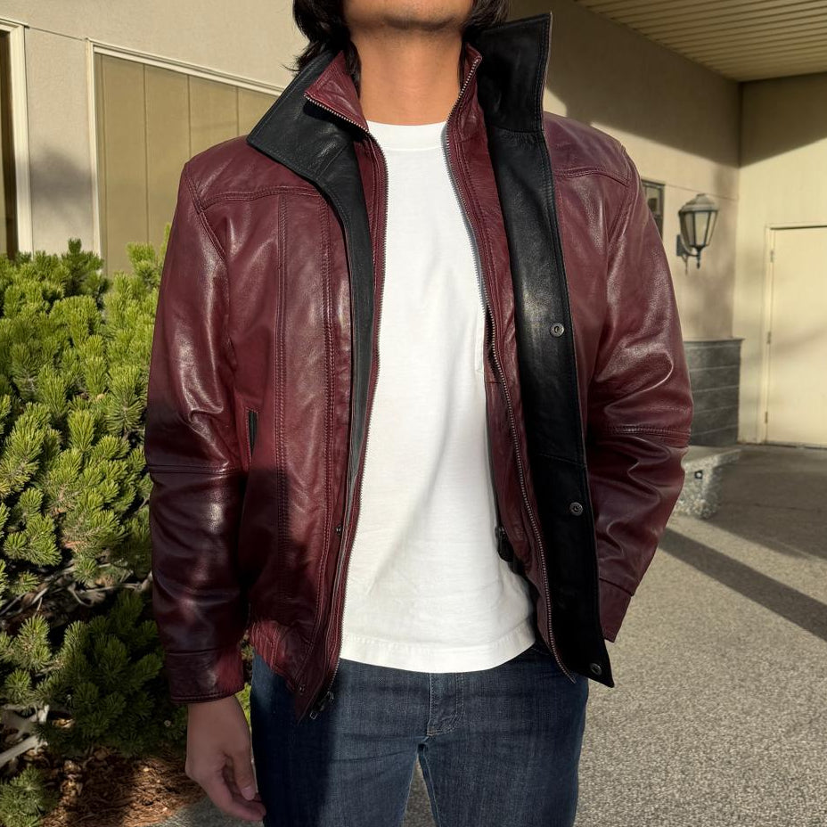 BOL Men's Double Collar Leather Bomber Jacket-14