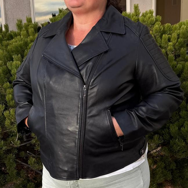 Women's Lamb Leather Biker Style Jacket with Quilted Ribbed Shoulders-3