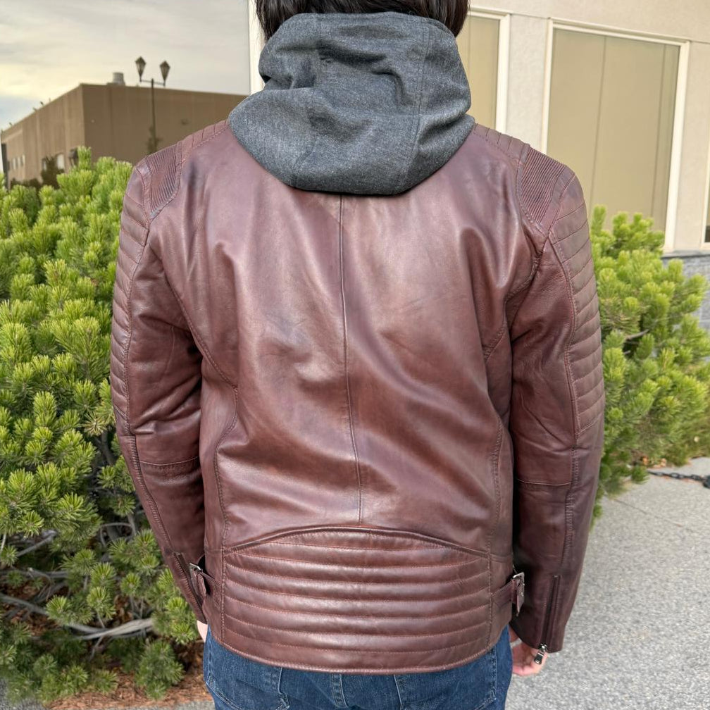 Men's Lamb Leather Jacket with Removable Hoodie-3