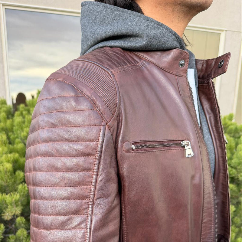 Men's Lamb Leather Jacket with Removable Hoodie-5