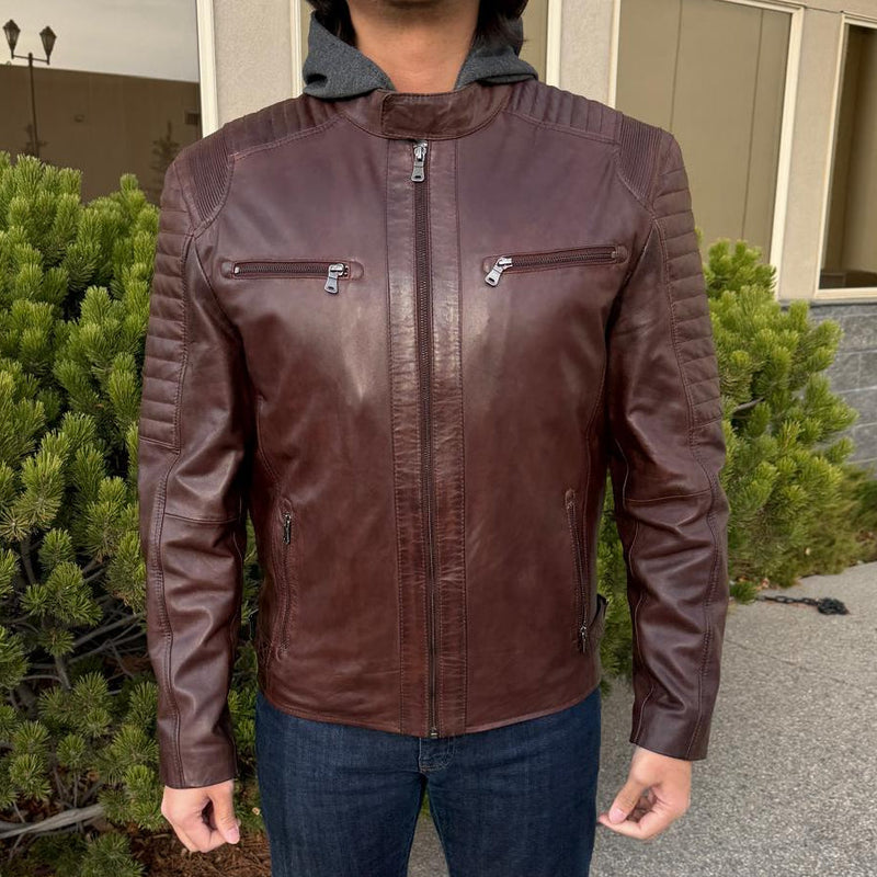 Men's Lamb Leather Jacket with Removable Hoodie-6