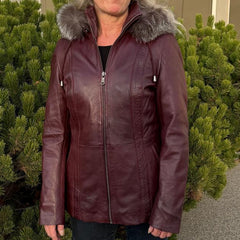 Women's Sheepskin Leather Jacket with Real Fox Fur Trim-5