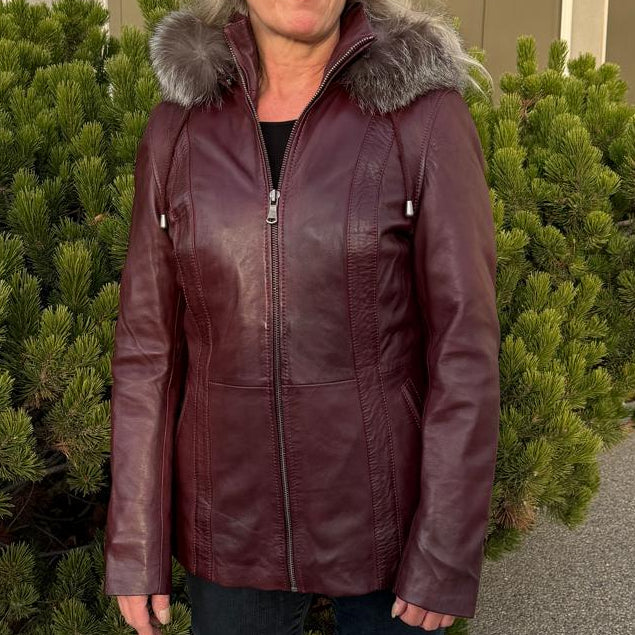 Women's Sheepskin Leather Jacket with Real Fox Fur Trim-5