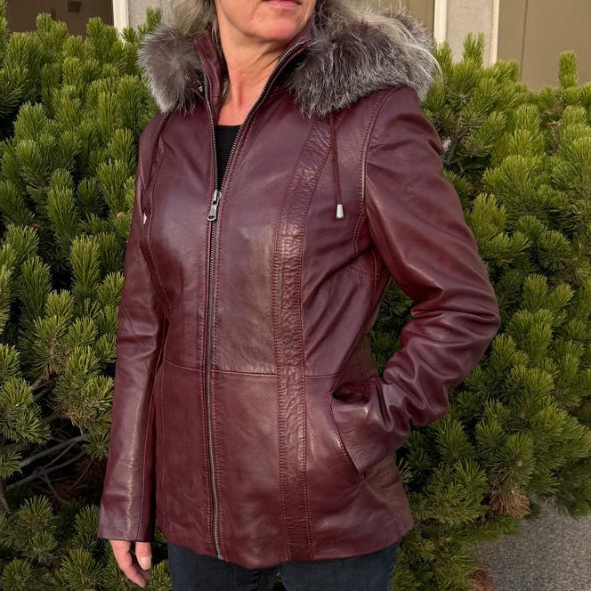 Women's Sheepskin Leather Jacket with Real Fox Fur Trim-1