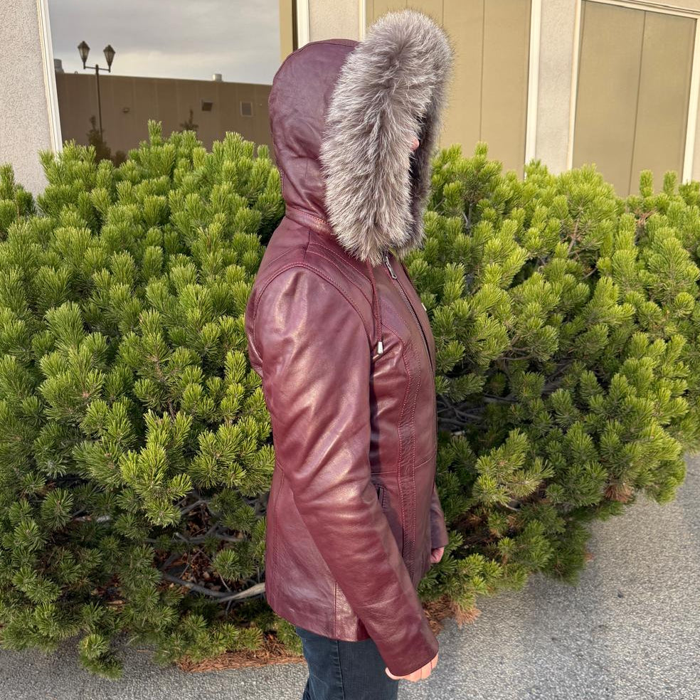 Women's Sheepskin Leather Jacket with Real Fox Fur Trim-6