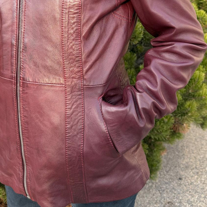 Women's Sheepskin Leather Jacket with Real Fox Fur Trim-3