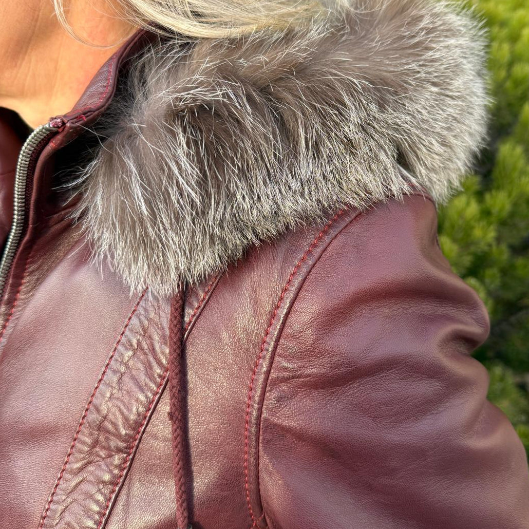 Women's Sheepskin Leather Jacket with Real Fox Fur Trim-4
