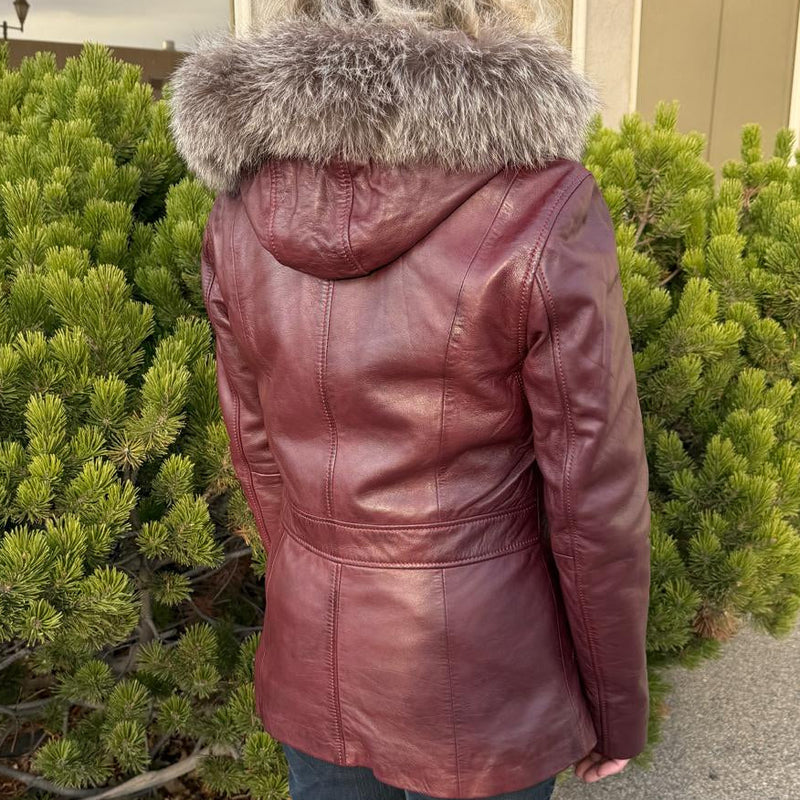 Women's Sheepskin Leather Jacket with Real Fox Fur Trim-2