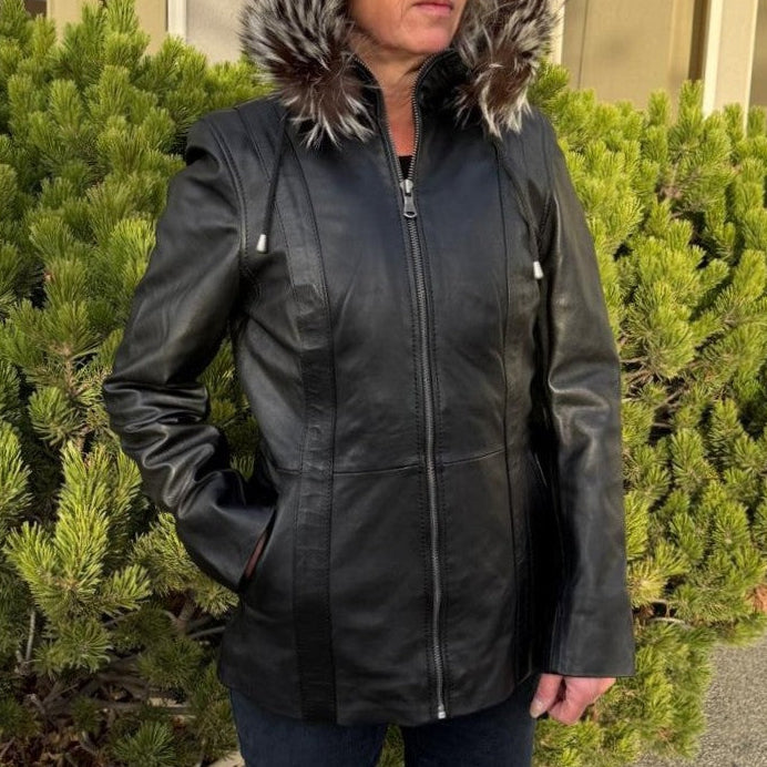 Women's Sheepskin Leather Jacket with Real Fox Fur Trim-9