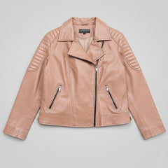 Women's Lamb Leather Biker Style Jacket with Quilted Ribbed Shoulders-4