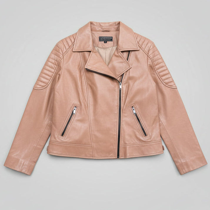 Women's Lamb Leather Biker Style Jacket with Quilted Ribbed Shoulders-4
