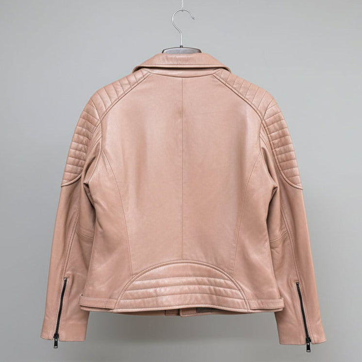 Women's Lamb Leather Biker Style Jacket with Quilted Ribbed Shoulders-5