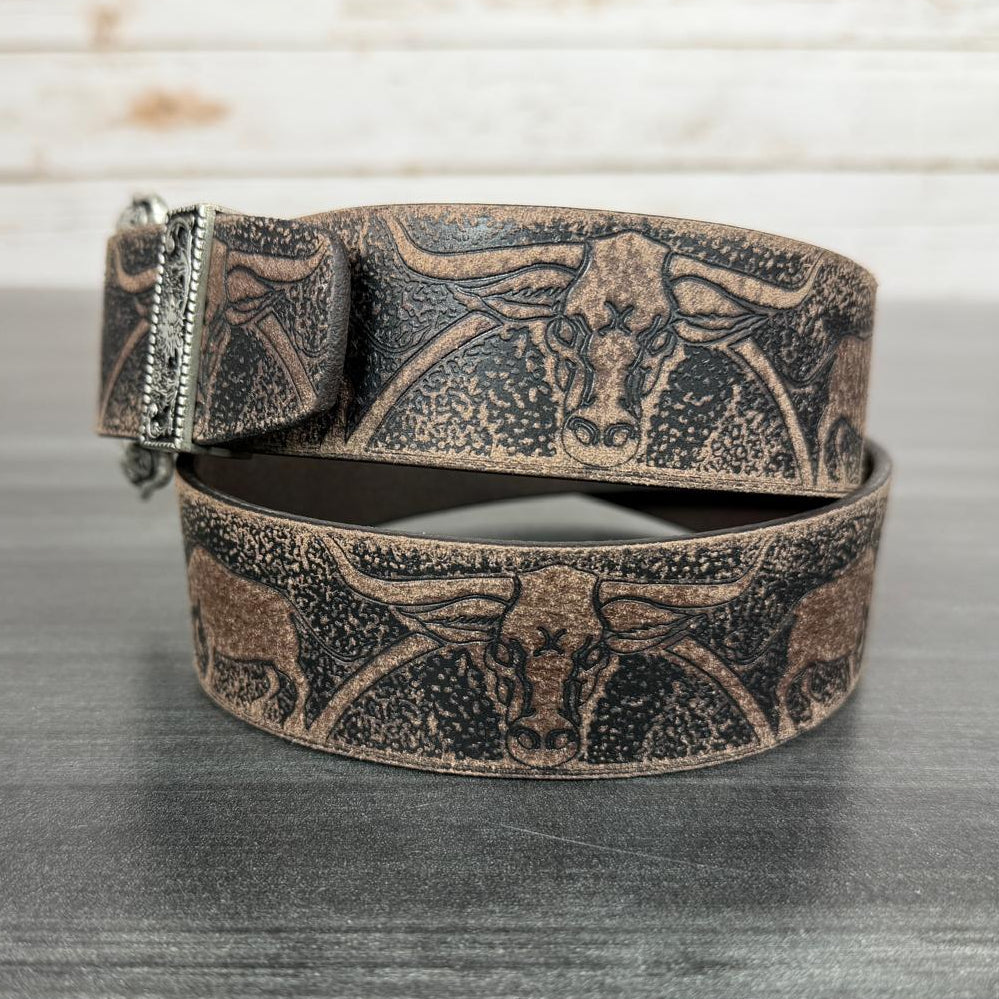 Keldon Men's Western Belt Embossed Leather with Bull Design and Removable Silver Buckle-2
