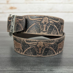 Keldon Men's Western Belt Embossed Leather with Bull Design and Removable Silver Buckle-2