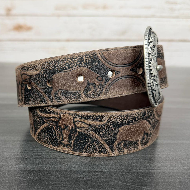 Keldon Men's Western Belt Embossed Leather with Bull Design and Removable Silver Buckle-3