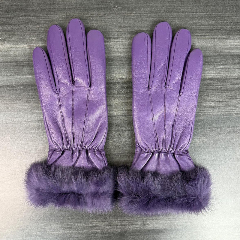 Women’s Sheep Leather Gloves with Rabbit Fur Trim-3