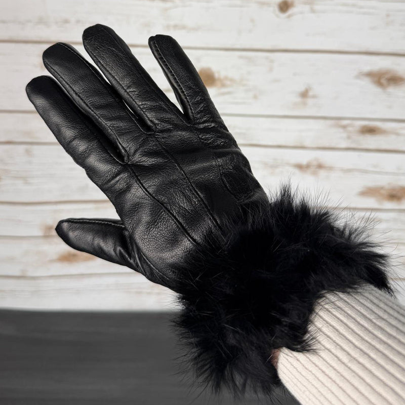 Women’s Sheep Leather Gloves with Rabbit Fur Trim-9