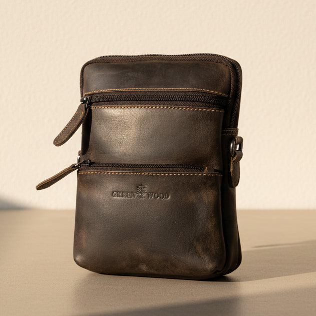 Greenwood Leather Mini Crossbody Bag. Premium 3-Zipper Travel Organizer-3