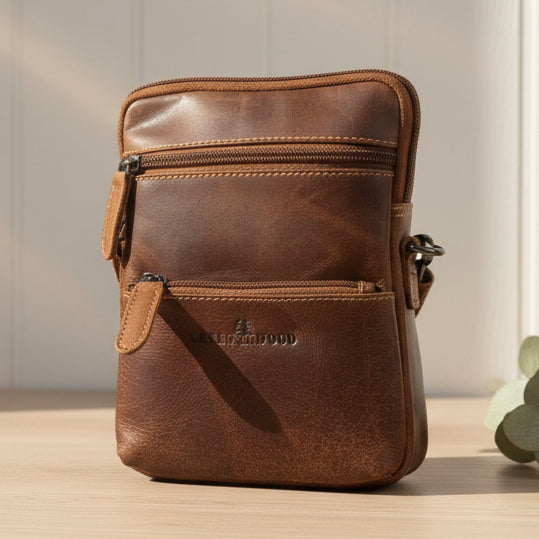 Greenwood Leather Mini Crossbody Bag. Premium 3-Zipper Travel Organizer-1