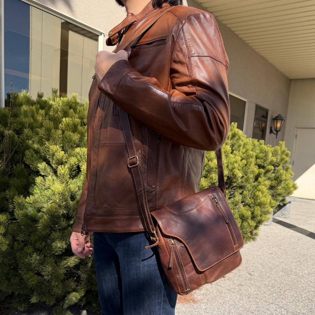 Premium Genuine Leather Messenger Bag. Distressed Brown Crossbody with Multiple Zippered Pockets-5