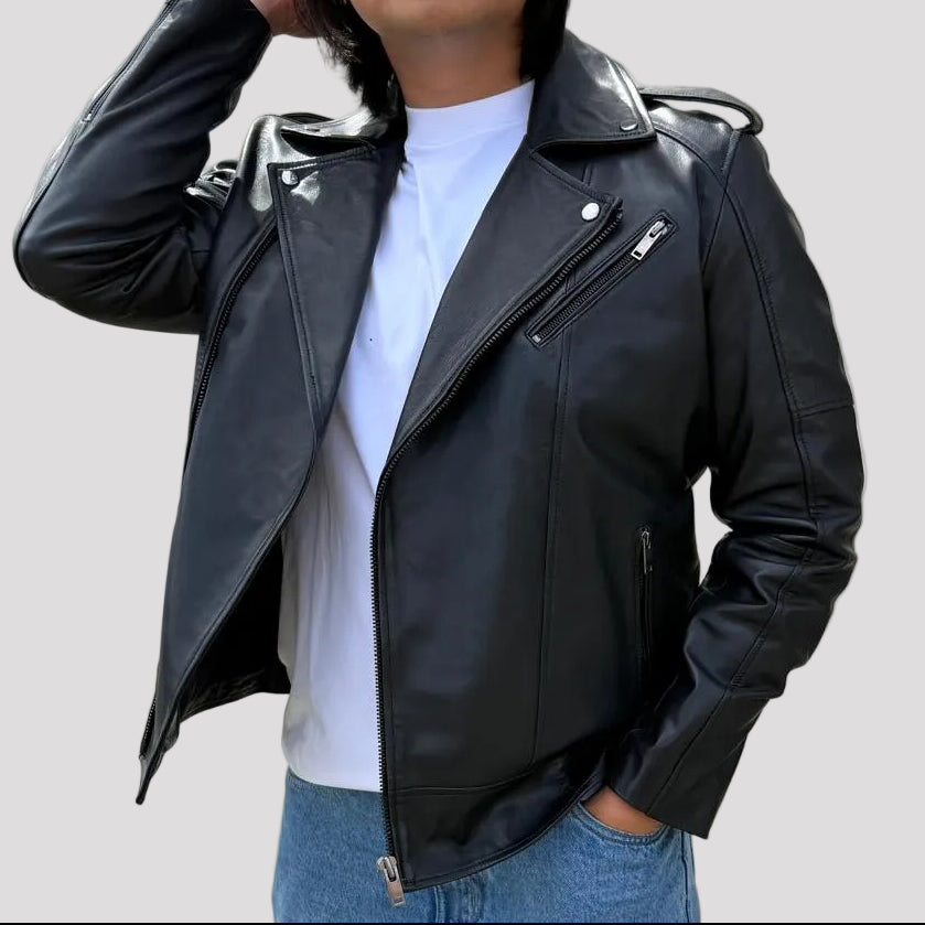 Mens Soft Lamb Leather Biker Look Jacket Premium Black Fashion Coat-5