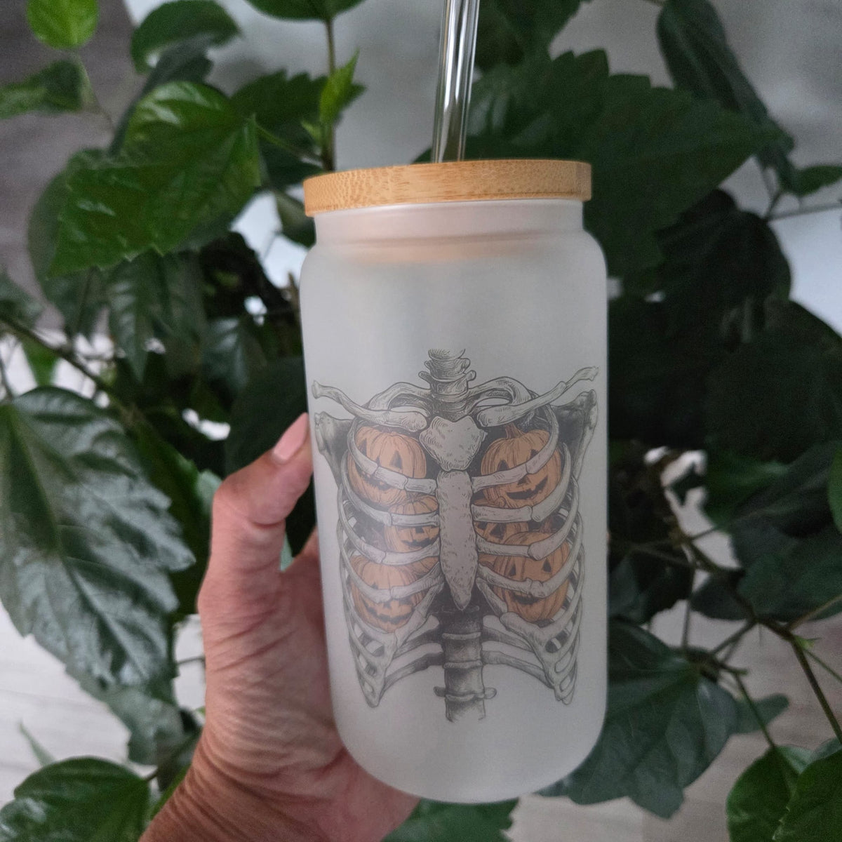 Pumpkin Skeleton Glass Can with Bamboo Lid-1