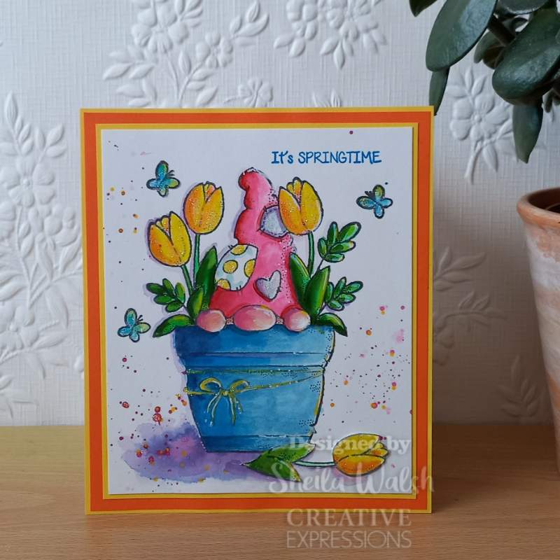 Woodware Clear Singles Flower Pot Gnome 4 in x 6 in Stamp-4