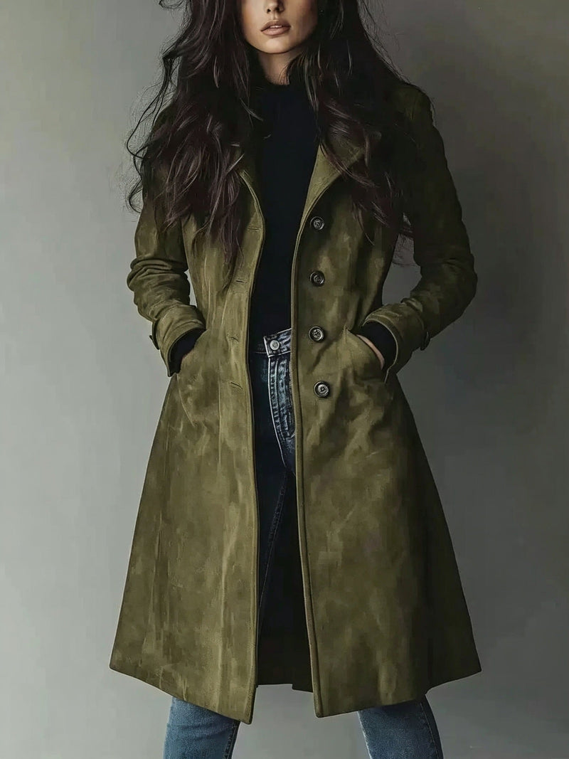 Women’s Suede Lapel Trench Coat – Mid-Length Fall & Winter Belted Jacket-2