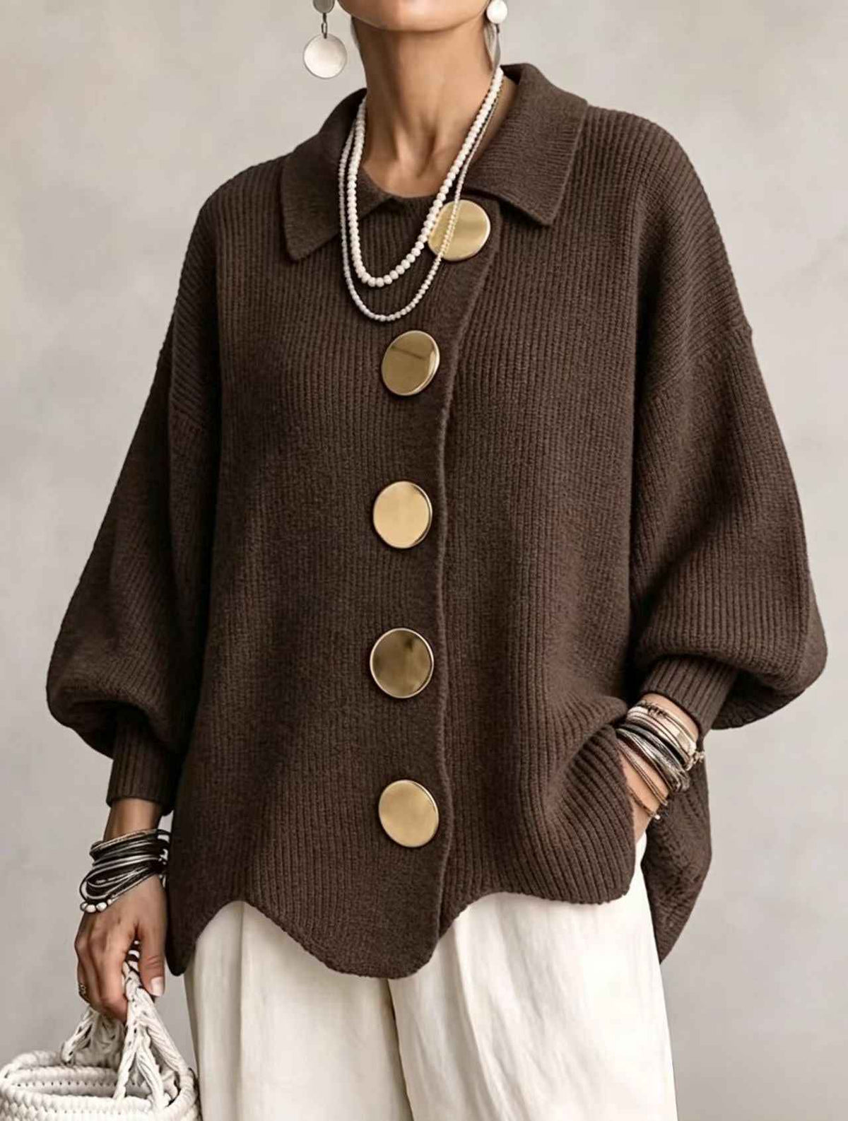 Women’s Button-Down Knit Cardigan – Lapel Collar Long-Sleeve Loose-Fit Fall & Winter Sweater-4
