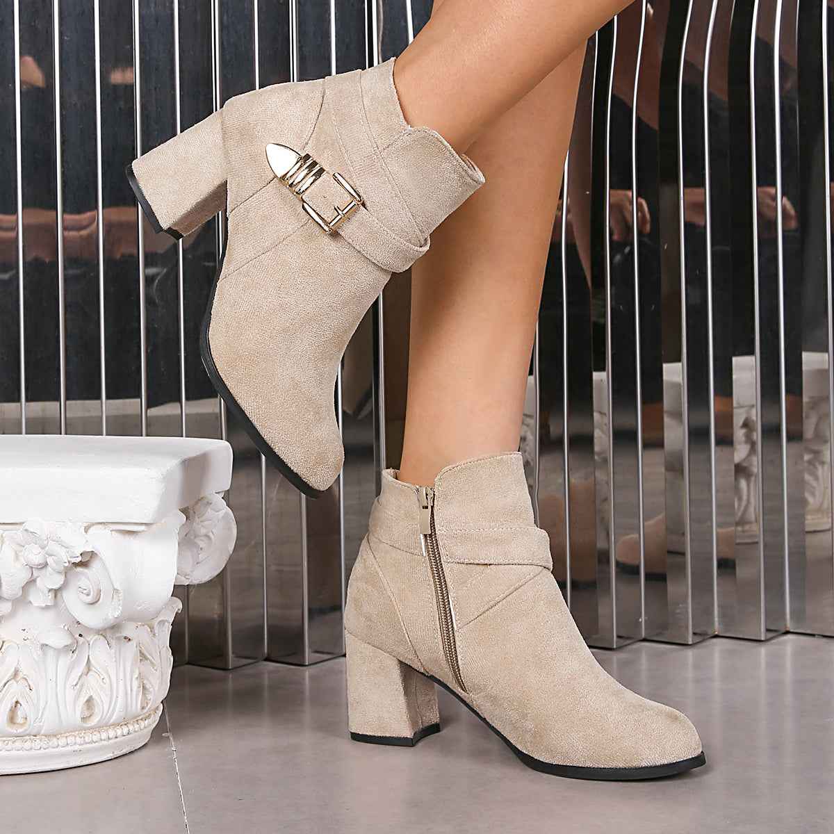 Women’s Chunky Heel Ankle Combat Boots – Solid Color Plus Size Fall & Winter Fashion Boots-2