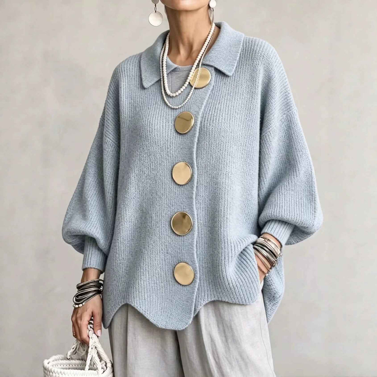 Women’s Button-Down Knit Cardigan – Lapel Collar Long-Sleeve Loose-Fit Fall & Winter Sweater-5