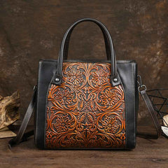 Single-shoulder Slanted-top Full-grain Leather Tote Bag With Leather Carving-1