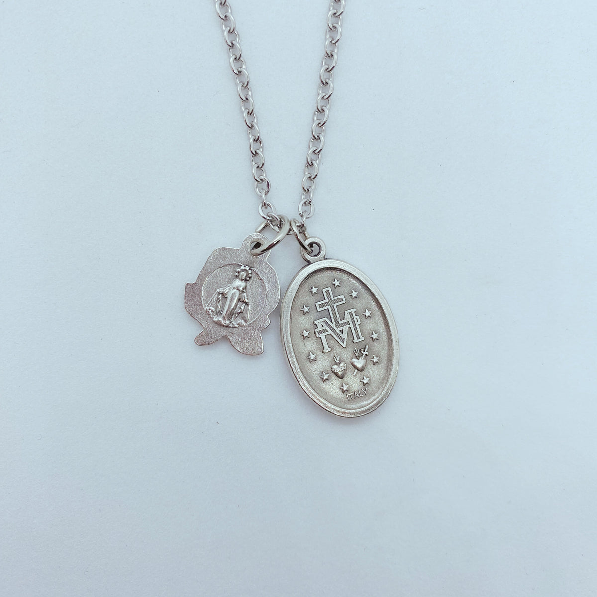 Blue Enamel Miraculous Medal with Rose Charm-2